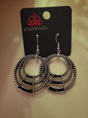 Paparazzi Silver and Black Hoop Drop Earrings